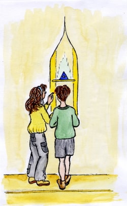 An image of Peter and Sarah stood with the Stone.