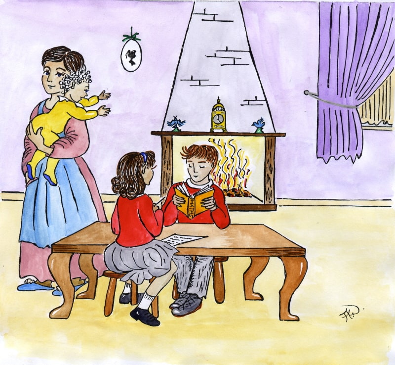 Sarah and Peter sat at the table in Aunt Myf's .